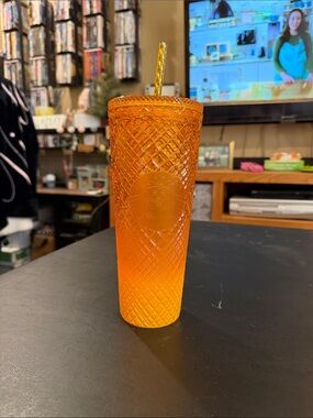 Starbucks Orange Textured Diamond Cold Cup with Straw